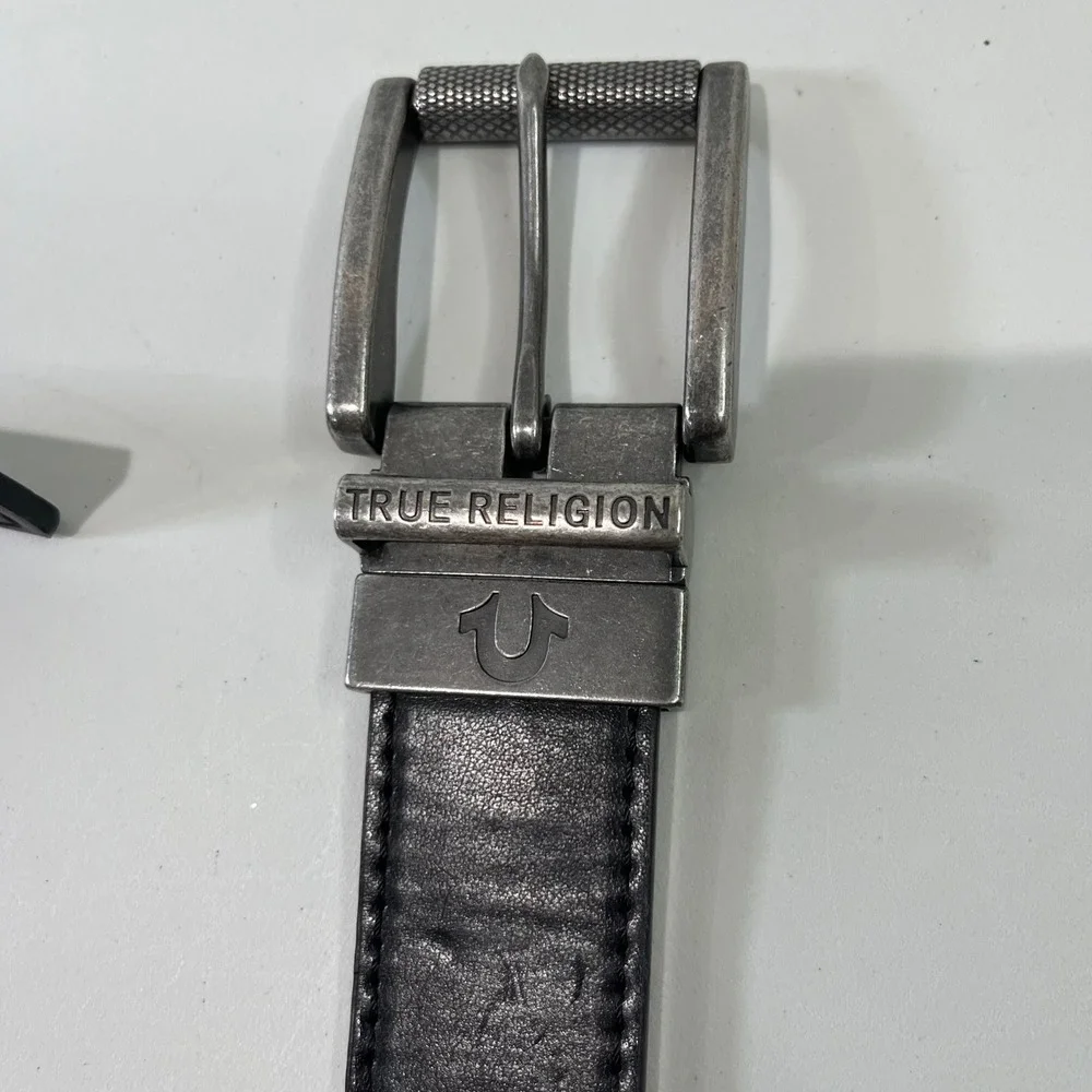 True Religion Reversible Belt Mens 38 Black Brown Faux Leather Silver Buckle Y2K